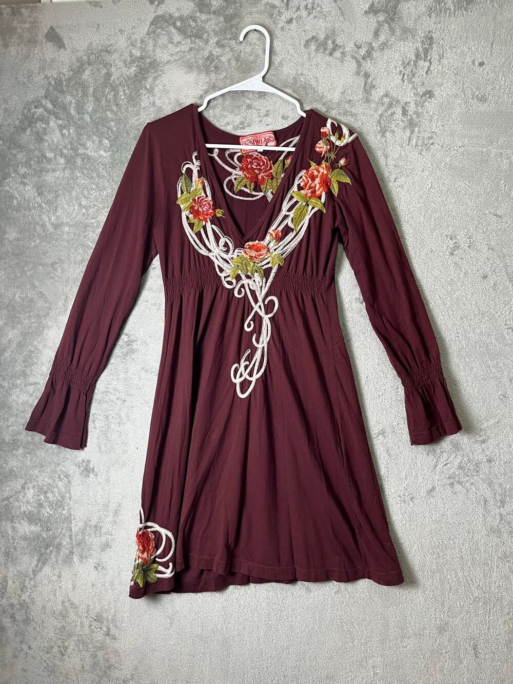 Johnny Was Burgundy Embroidered Floral Boho Dress Bell Sleeve Romantic Western
